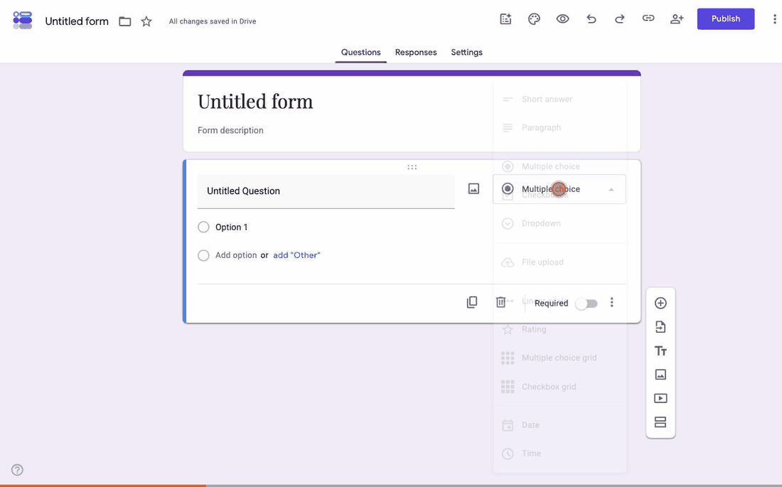 The Google Forms question type menu open, running from Short answer to Time, with no signature option anywhere in the list