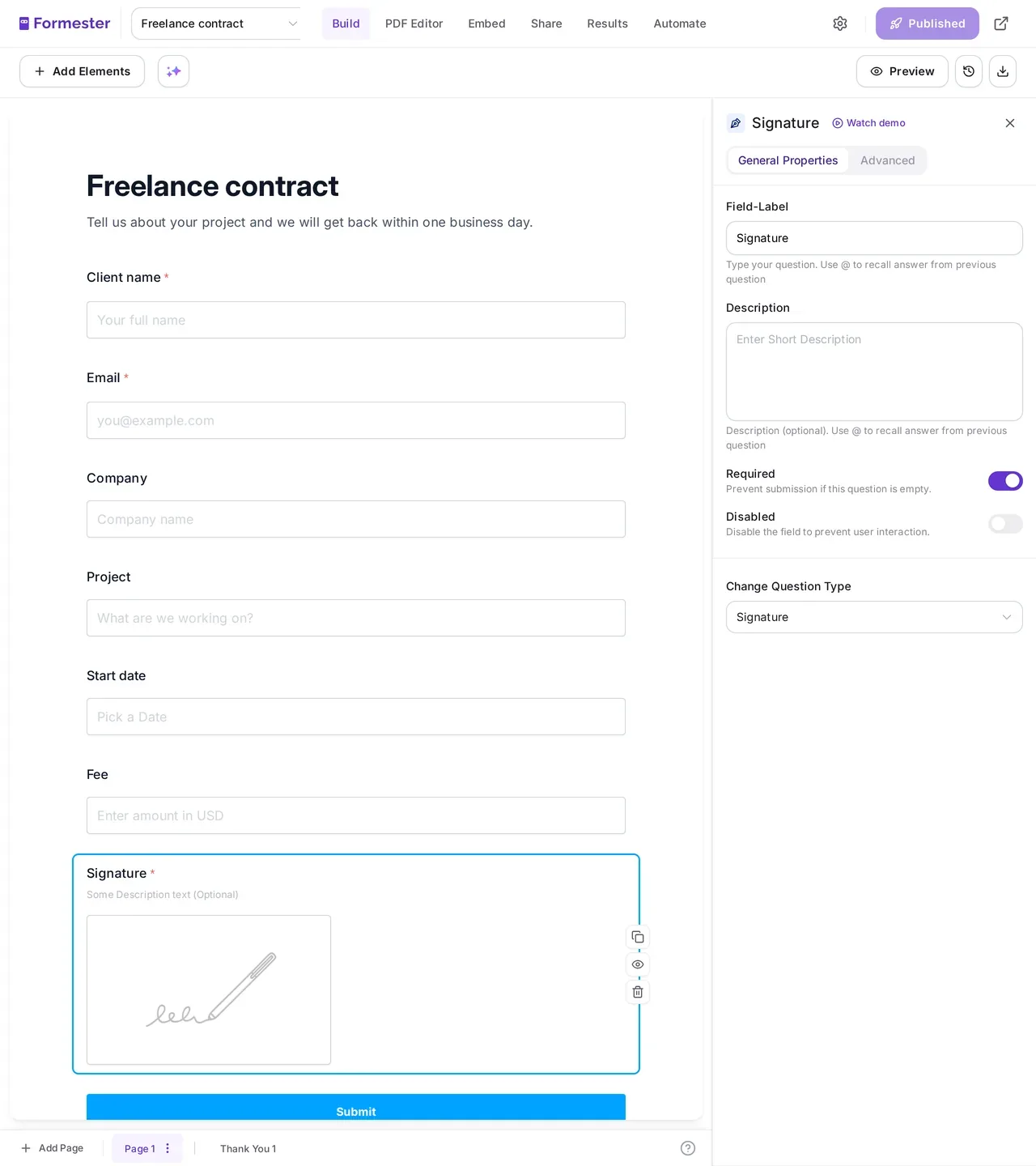 A Formester form for a freelance contract with client name, email, company, project, start date, fee, and a signature field