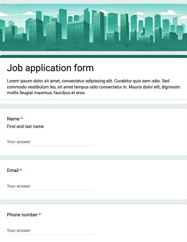 Google Forms Job Application template showing required Name, Email and Phone number fields