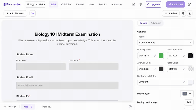 Form builder with live design controls