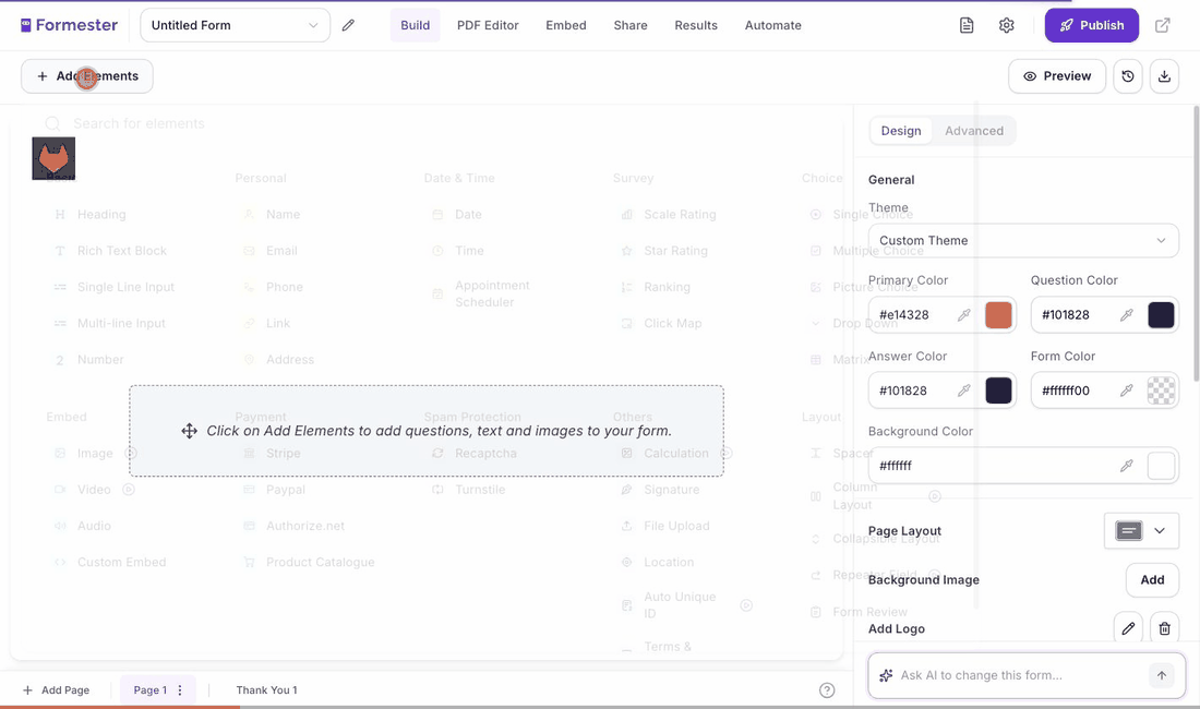 Adding a Stripe payment element to a form in the Formester builder from Add Elements, with the amount field and Submit button on the form