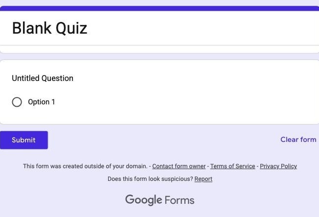 Google Forms Blank Quiz template showing a single Untitled Question with one empty option
