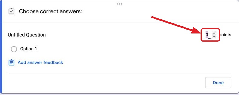 The Google Forms answer key screen with the points field marked by a red arrow