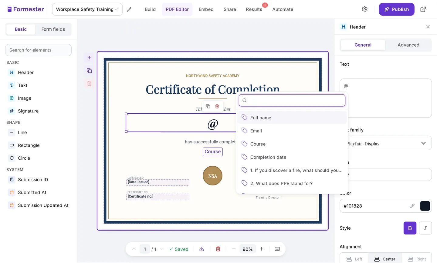 The @ recall menu open on the name line of a certificate in the Formester PDF Editor, listing form fields like Full name, Email and Course