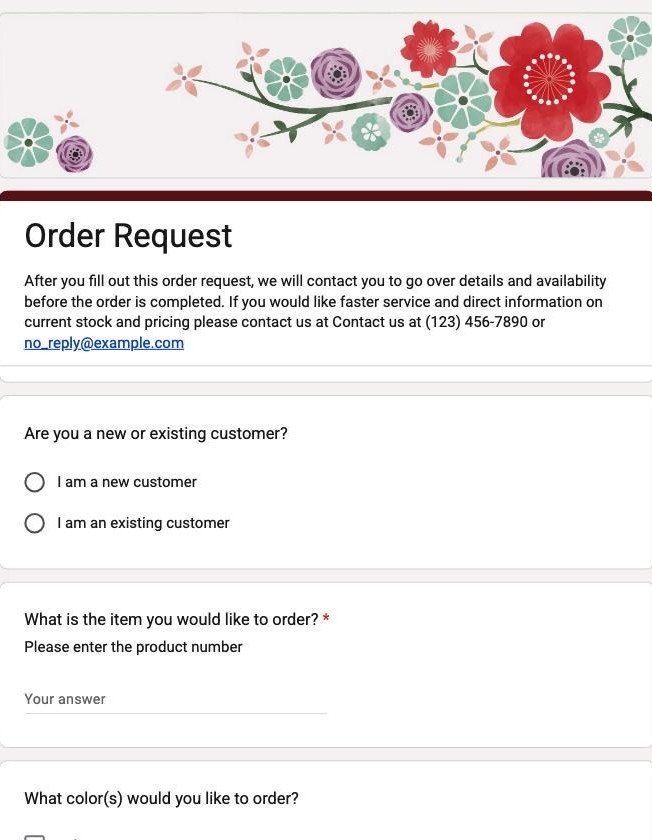 Google Forms Order Form template showing a new or existing customer choice and a product number field