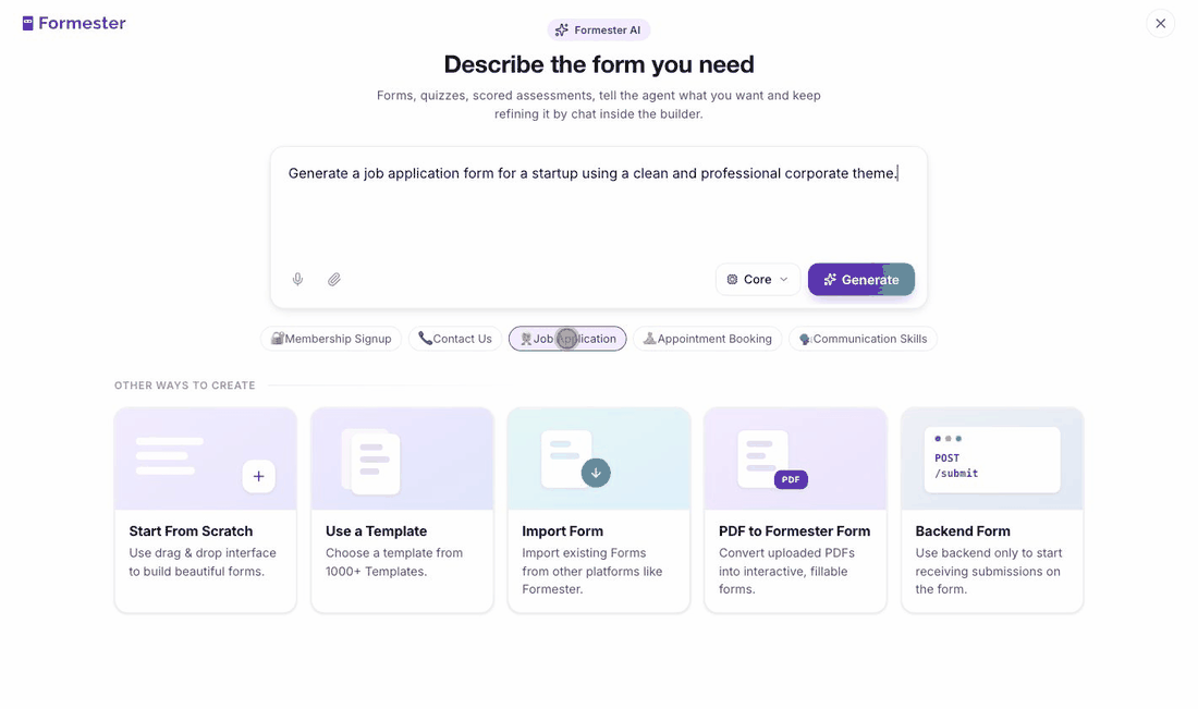Generating a job application form in Formester in one click, with the AI adding a CV upload field