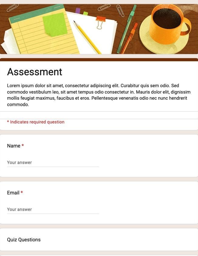 Google Forms Assessment template showing Name and Email fields above a Quiz Questions section
