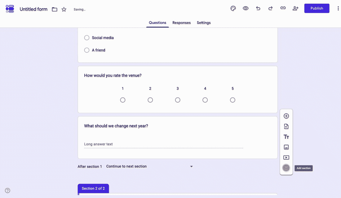 Clicking Add section in the Google Forms toolbar and naming the new section About you