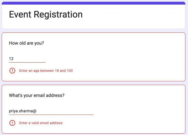 Respondent view of a Google Form showing a red validation error message under an invalid answer