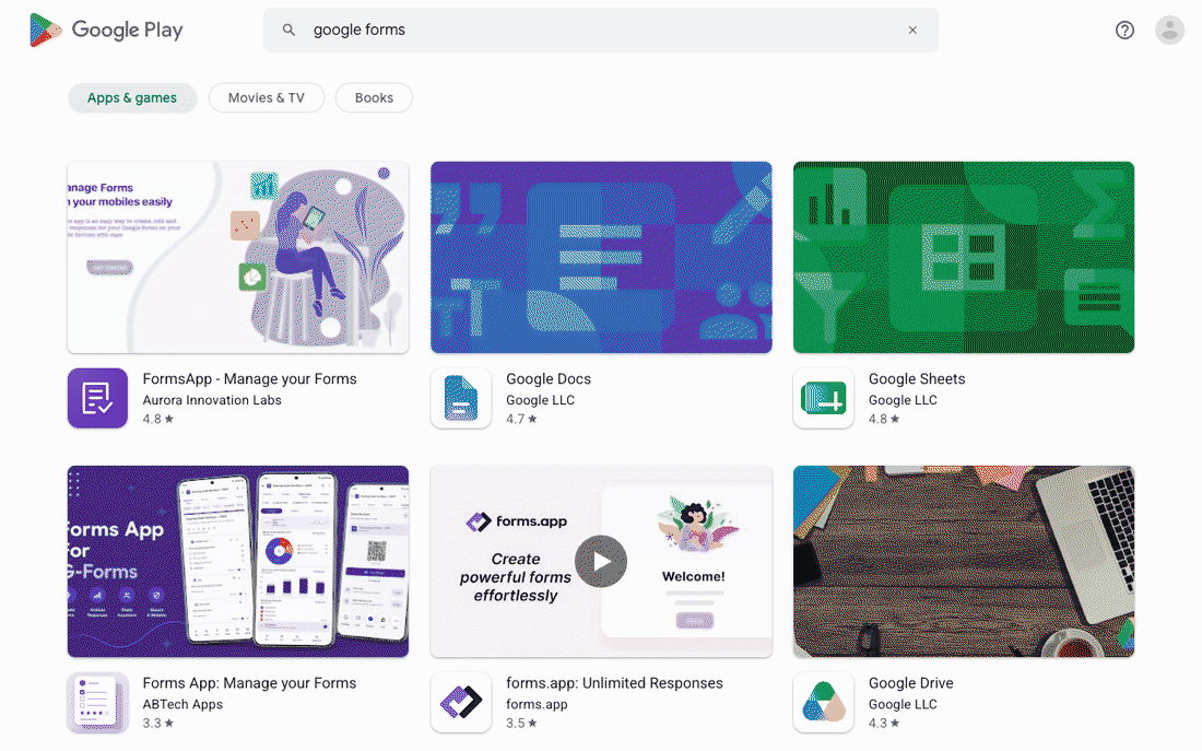 Searching Google Play for google forms: the first result is a third-party FormsApp, above Google's own Docs and Sheets apps