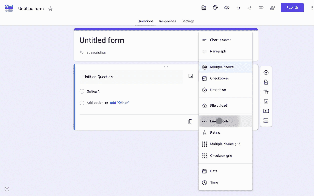 Opening the question type dropdown in Google Forms and choosing Linear scale