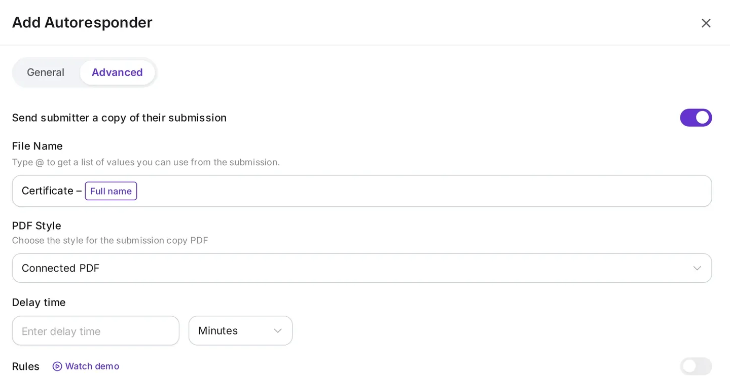 A Formester autoresponder set to email the certificate, with the email field selected, the course in the subject, PDF Style set to the certificate and the person's name in the file name