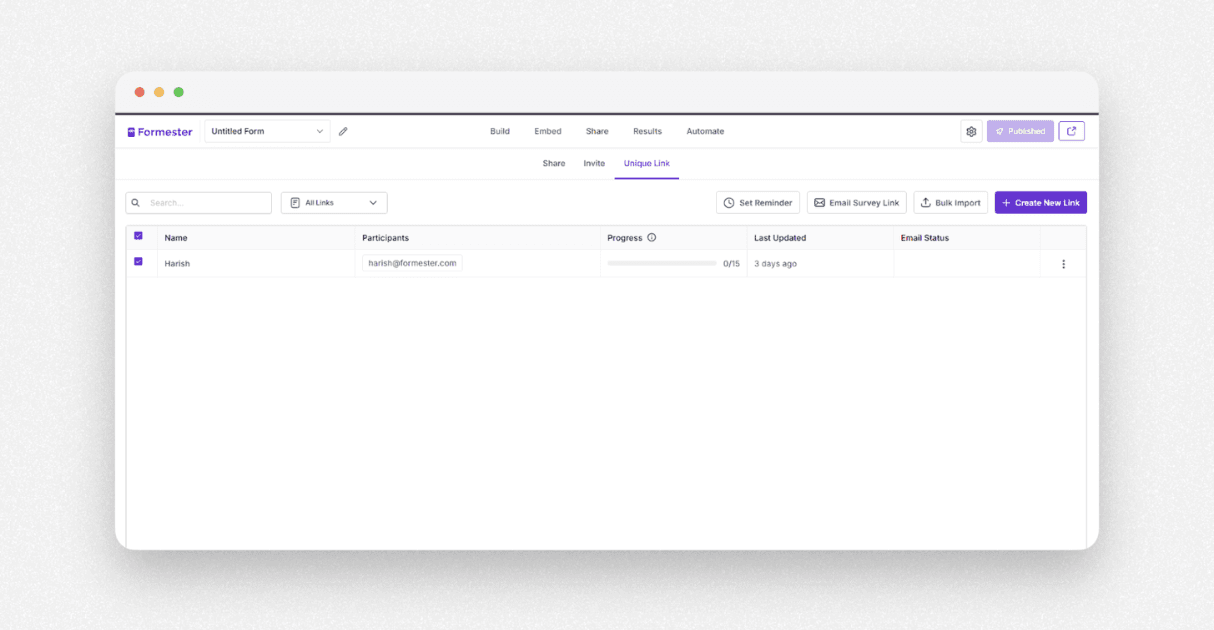 a screenshot of unique quiz submission link
