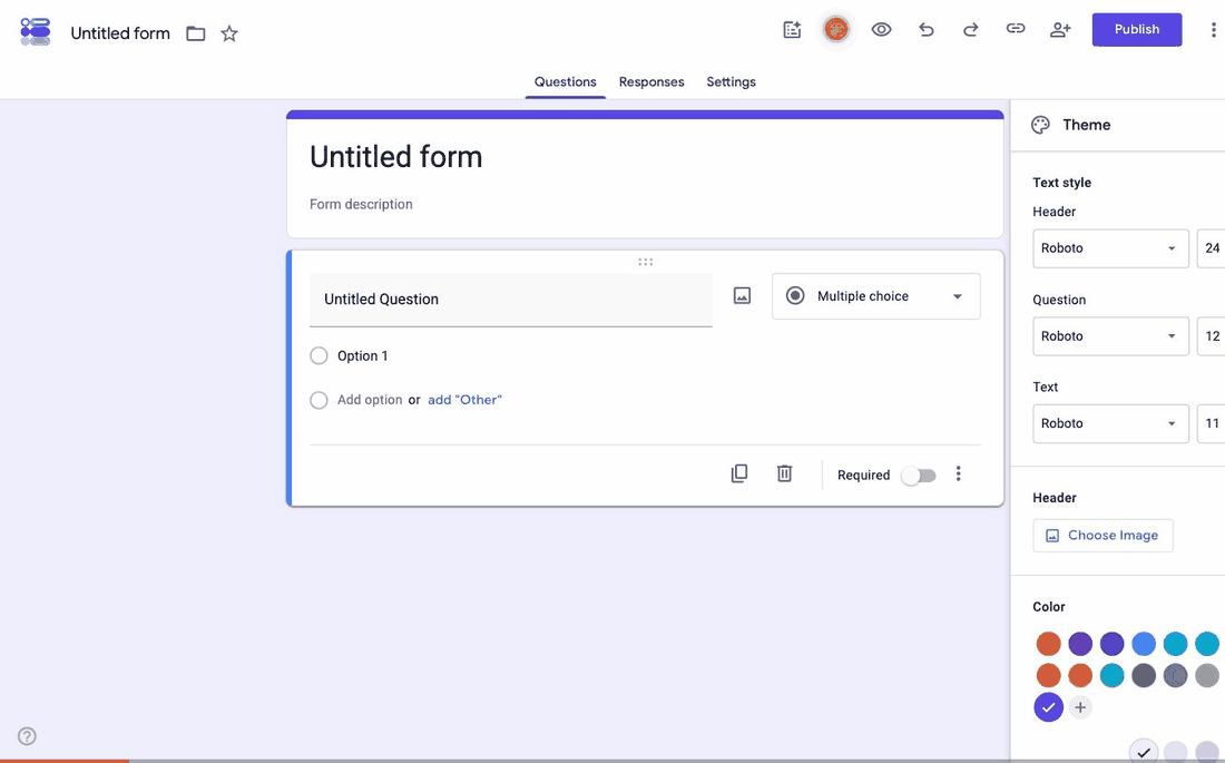 Changing the theme color and background in Google Forms, with the form repainting live behind the panel