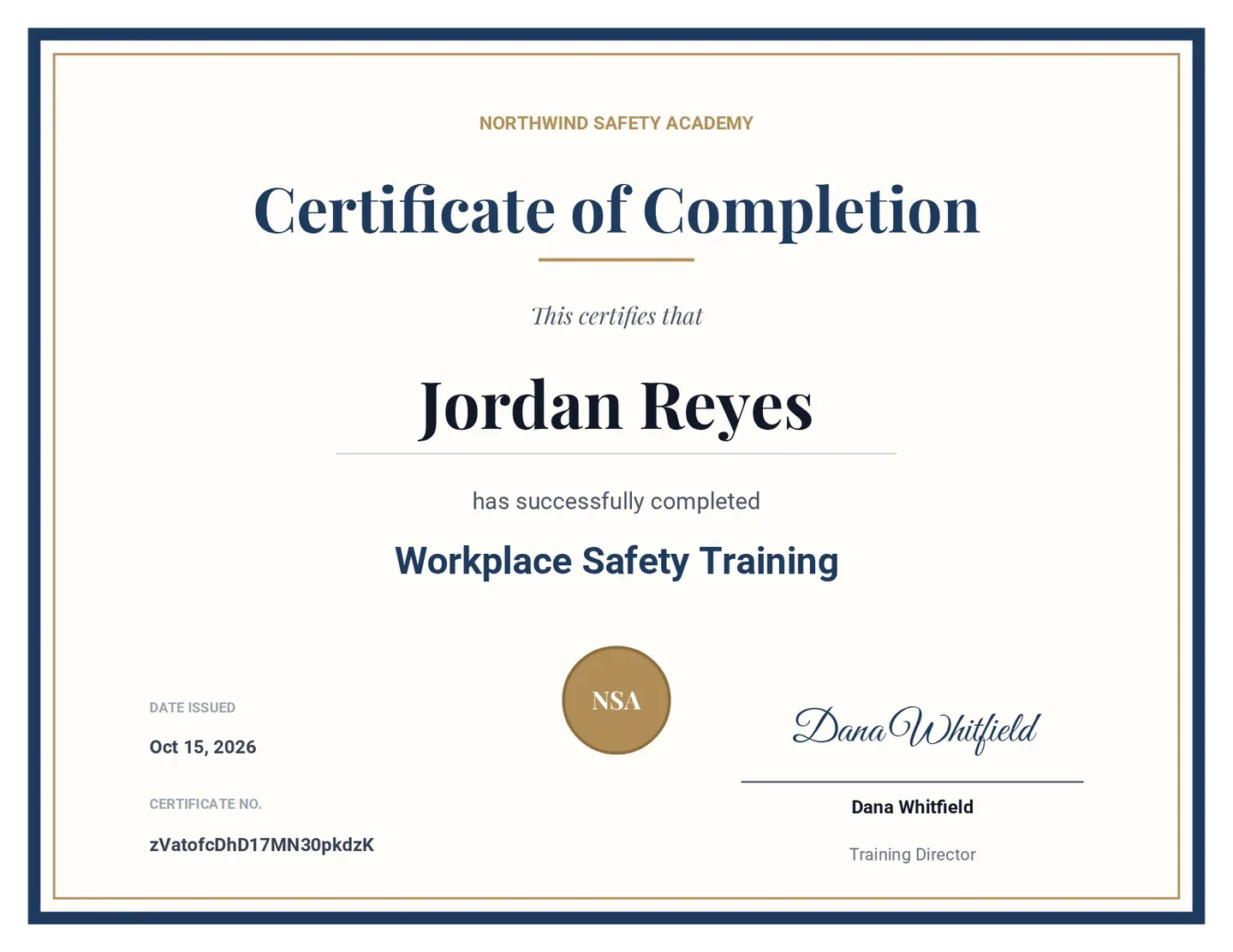 A certificate of completion for Jordan Reyes, Workplace Safety Training, with the issue date and certificate number filled in from a form submission