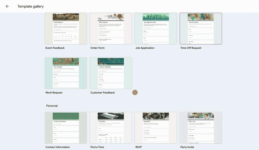 The Google Forms template gallery with Event Feedback and Customer Feedback templates, then Blank form opening an empty form