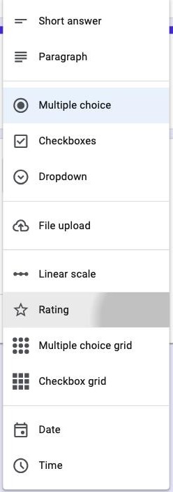 The Google Forms question type list showing all twelve options, none of which is a CAPTCHA field