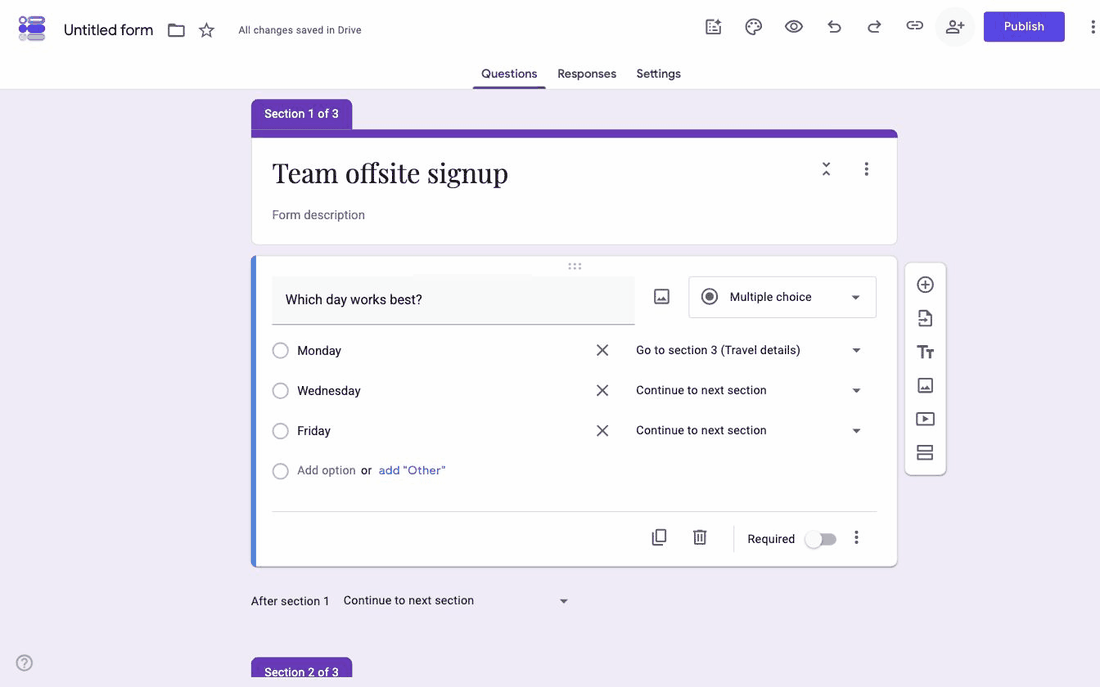 The Google Forms share dialog showing editor access set to Restricted and responder access set to anyone with the link