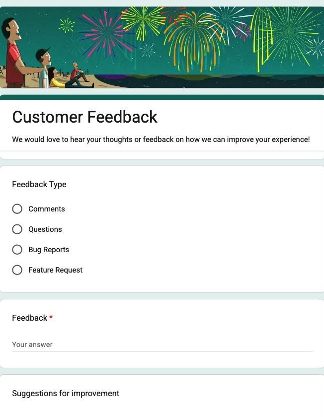 Google Forms Customer Feedback template showing Comments, Questions, Bug Reports and Feature Request options