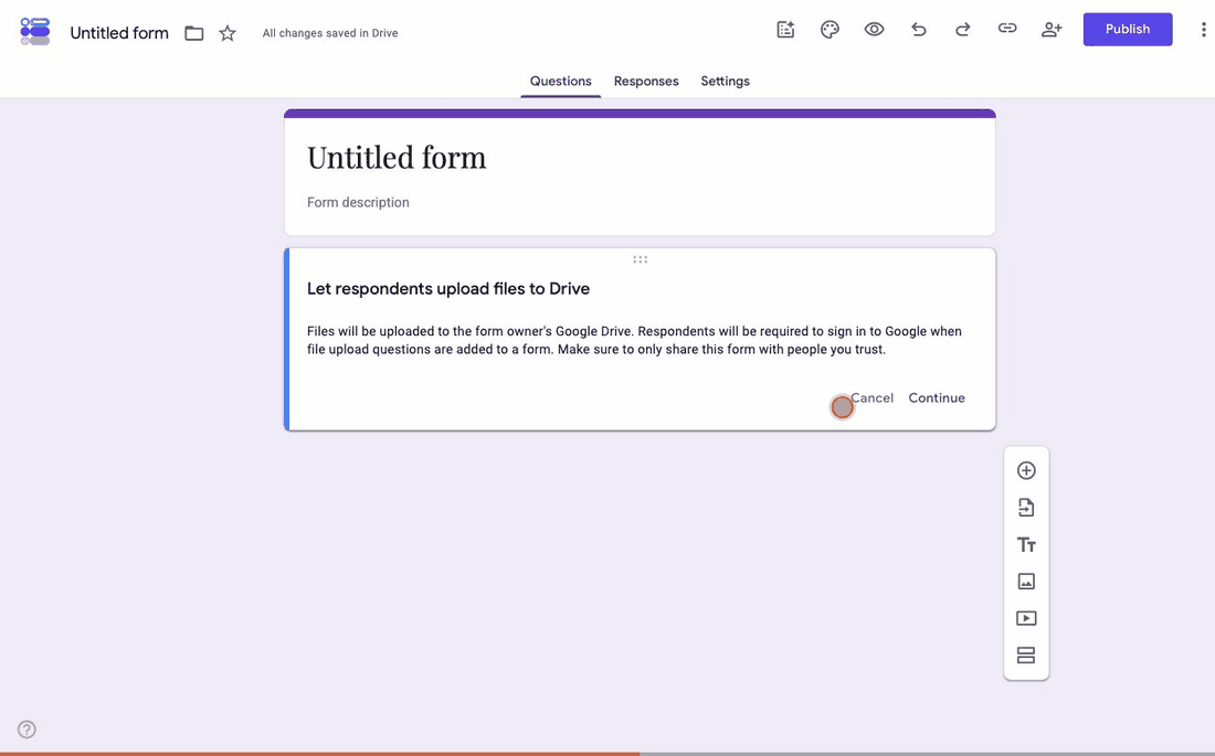 Choosing File upload in Google Forms, with Google's own notice that respondents will be required to sign in to Google