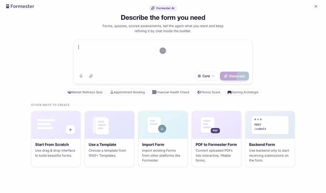 Formester AI generating a complete form from a one-line description, ready to edit and publish