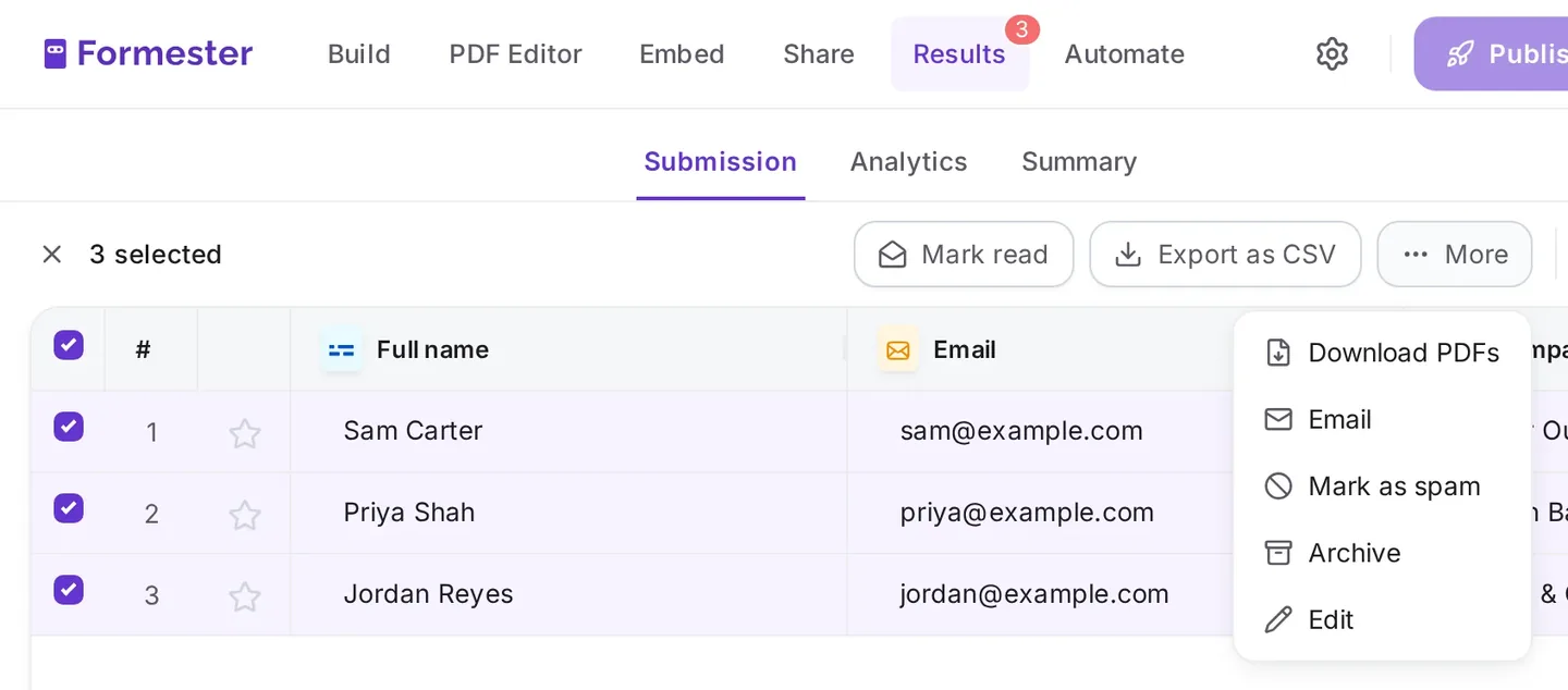 Formester Results with submissions selected and the More menu open, showing Download PDFs and Edit