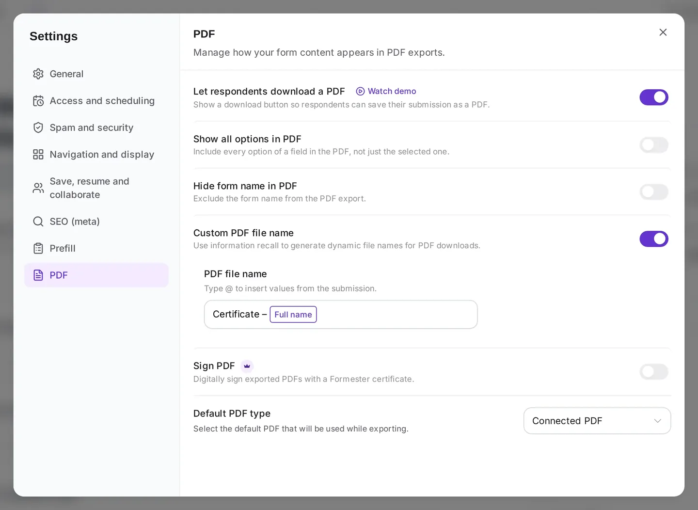 PDF settings in the Formester PDF Editor with Letter size, Landscape page layout and a certificate background image