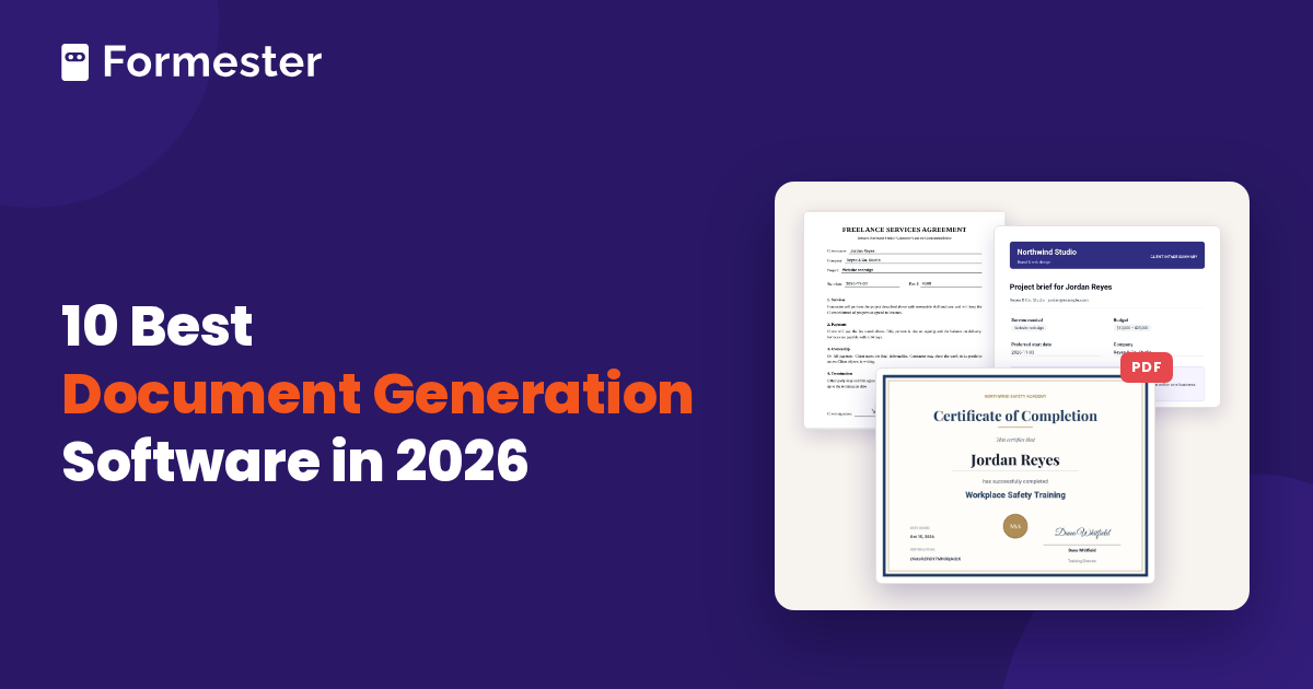 Cover reading 10 Best Document Generation Software in 2026, with a filled contract, a project brief and a certificate generated from form answers