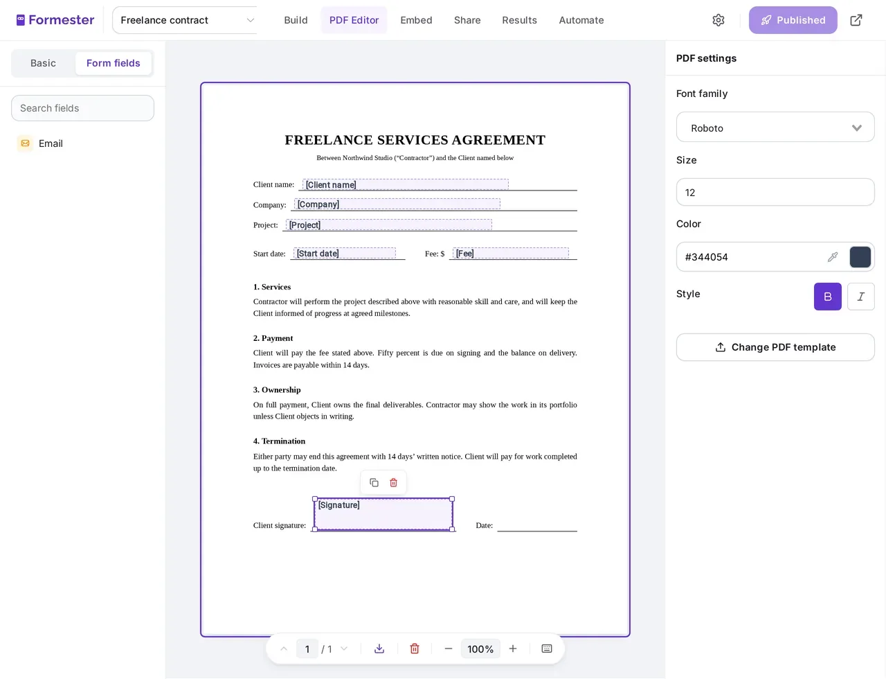 Form fields placed on an uploaded contract PDF in the Formester PDF Editor, with a signature box on the signature line