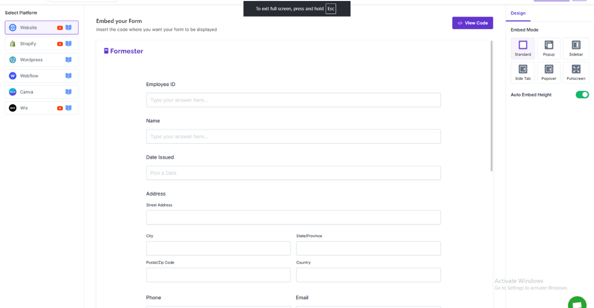 a screenshot of formester's embed tab