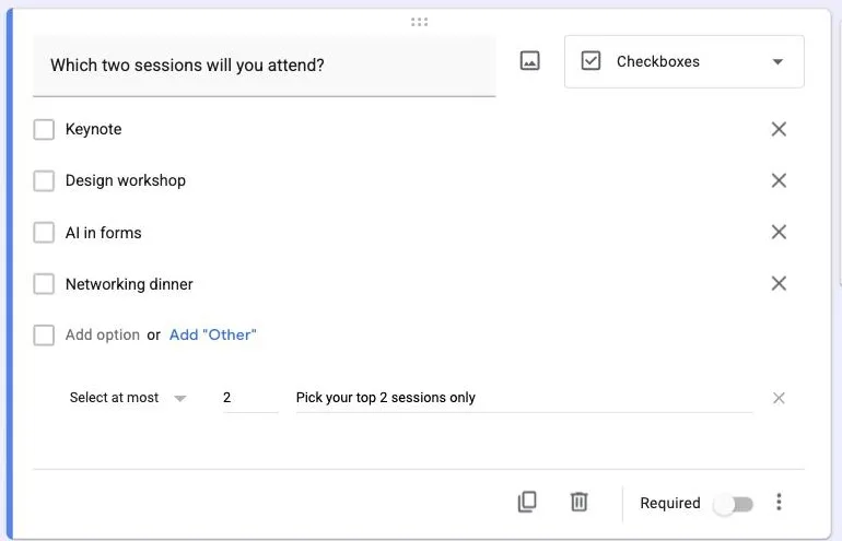 Checkbox question in Google Forms with a Select at most 2 validation rule