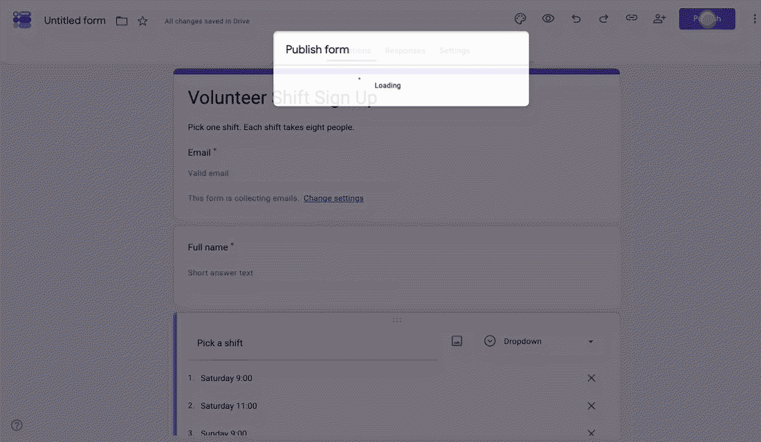 Publishing a Google Form, then copying the shortened responder link from the link icon