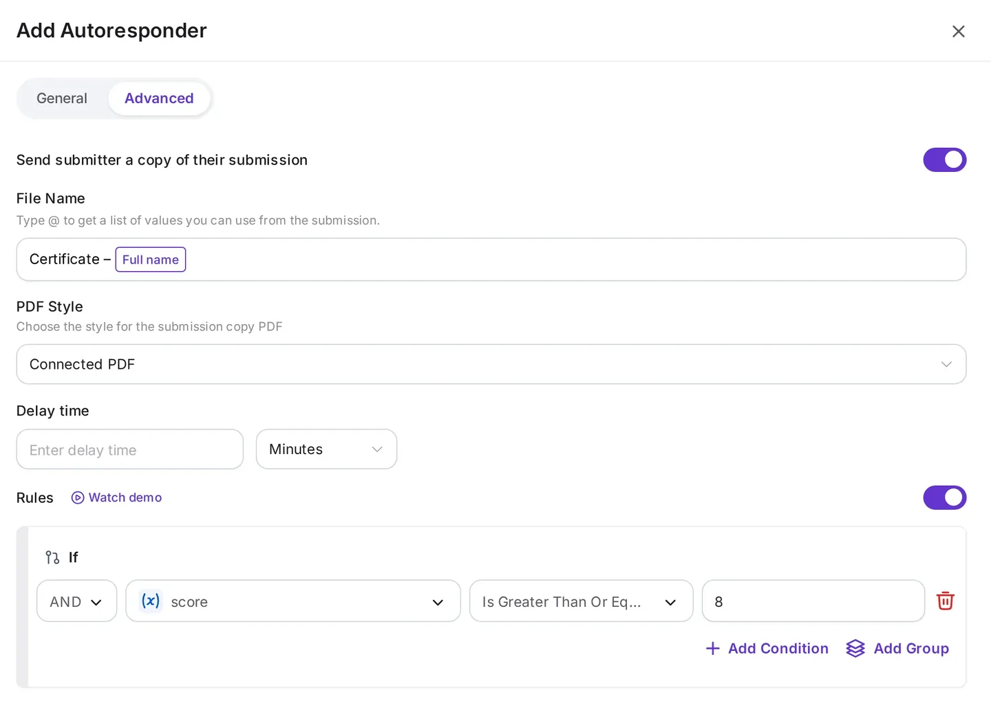An autoresponder rule in Formester that sends the certificate only when the quiz score is greater than or equal to 8