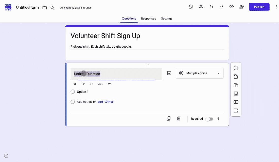 Typing Full name into the first Google Forms question, choosing Short answer and switching on Required