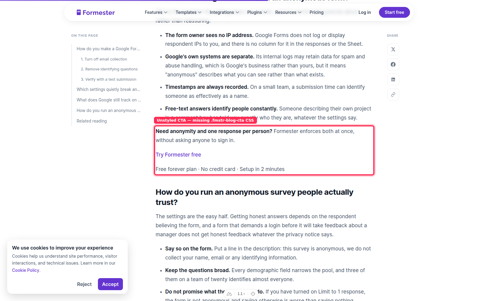 Unstyled .fmstr-blog-cta block on the anonymous-forms page