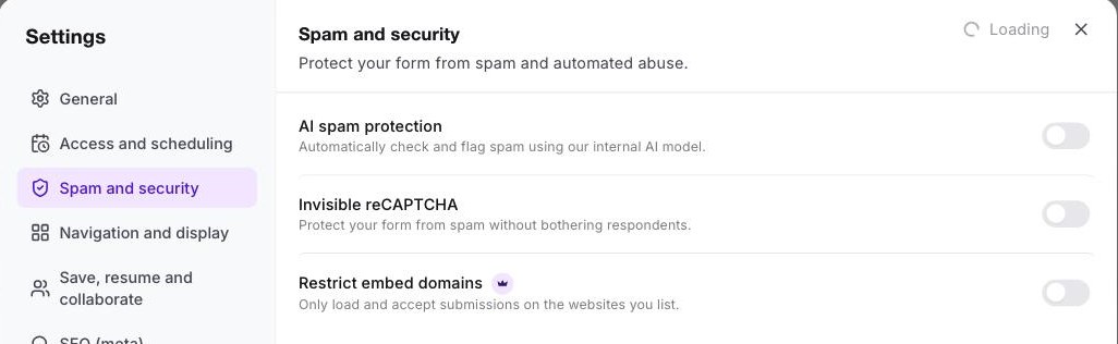 Formester's Spam and security settings showing AI spam protection, Invisible reCAPTCHA and Restrict embed domains