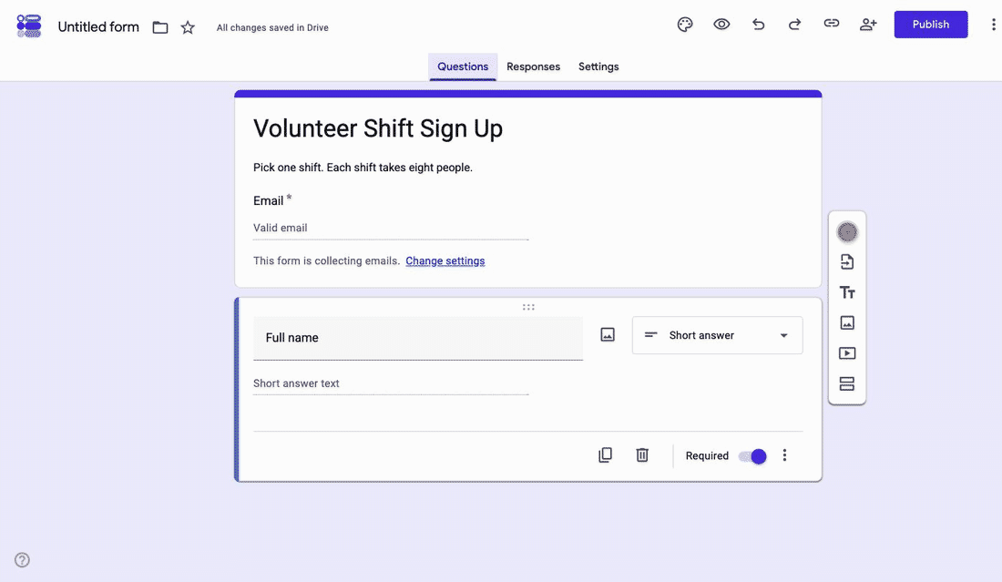 Adding a Pick a shift Dropdown question in Google Forms with one option per shift and Required switched on