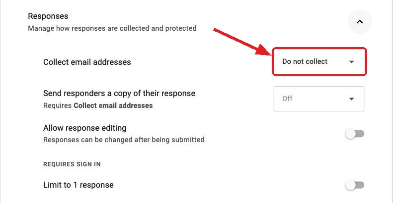 Google Forms Settings with Collect email addresses set to Do not collect, marked with a red arrow