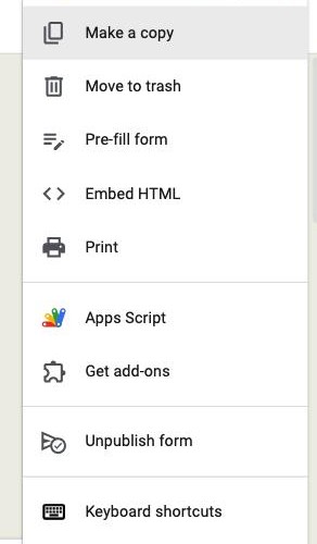 The Google Forms editor three-dot menu with Get add-ons, the route to installing a translation add-on
