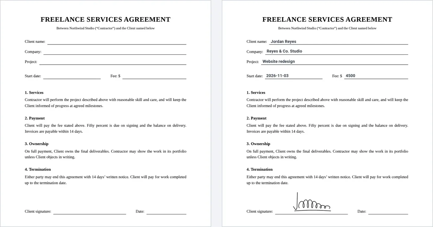 A blank freelance services agreement next to the same PDF filled in with a client's form answers and their drawn signature