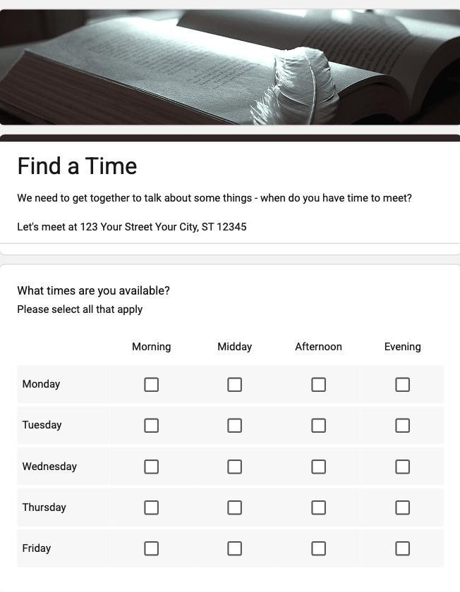 Google Forms Find a Time template showing a Monday to Friday availability grid across Morning, Midday, Afternoon and Evening