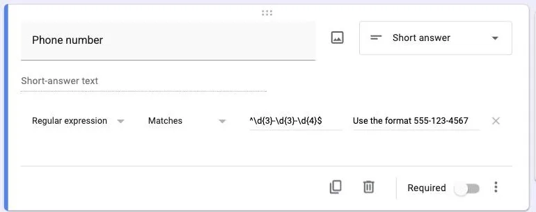 Regular expression validation in Google Forms with a phone number pattern entered