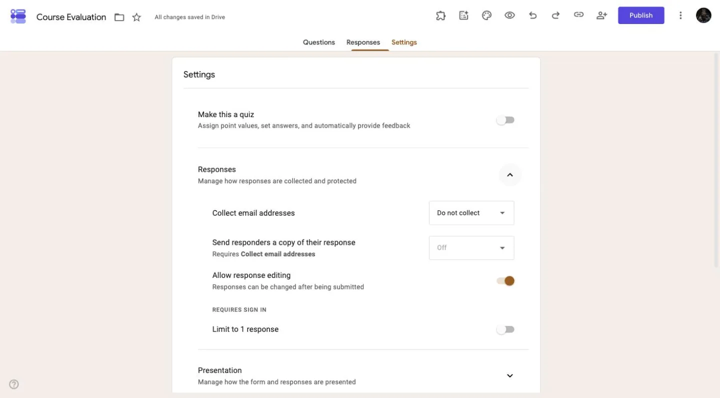 Google Forms settings panel with Collect email addresses set to Do not collect and the Limit to 1 response toggle under a Requires sign in label