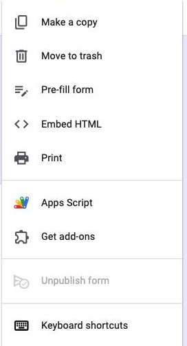 The Google Forms three-dot menu showing Apps Script and Get add-ons