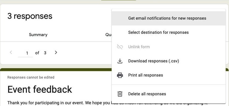 The Google Forms Responses three-dot menu open, showing Print all responses