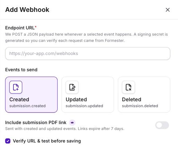 Formester's Add Webhook panel with an endpoint URL field and submission.created, submission.updated and submission.deleted events