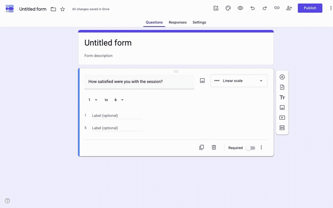 Typing Not satisfied and Very satisfied into the two label fields of a Google Forms linear scale