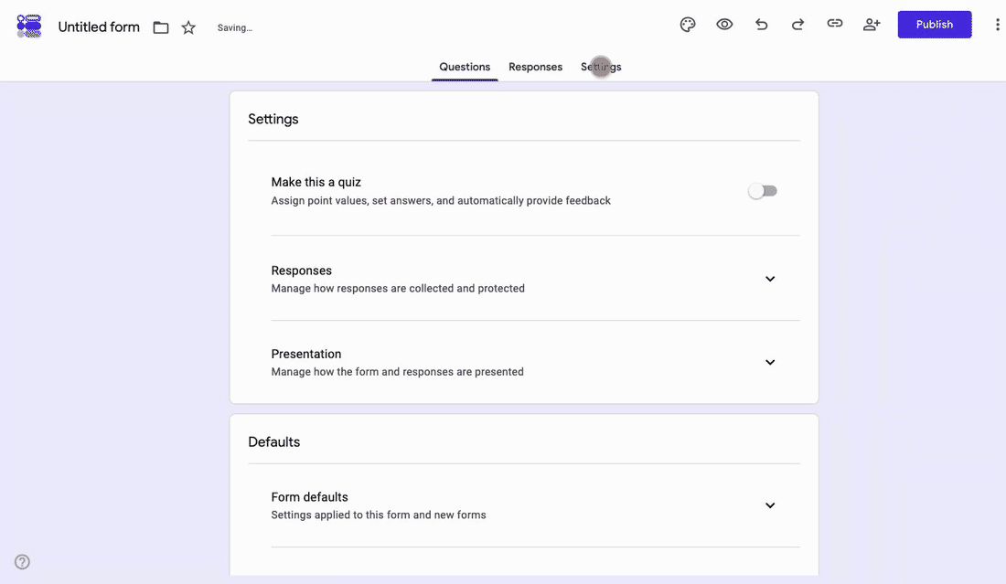 The Responses settings in Google Forms with Collect email addresses left on Do not collect and Limit to 1 response off