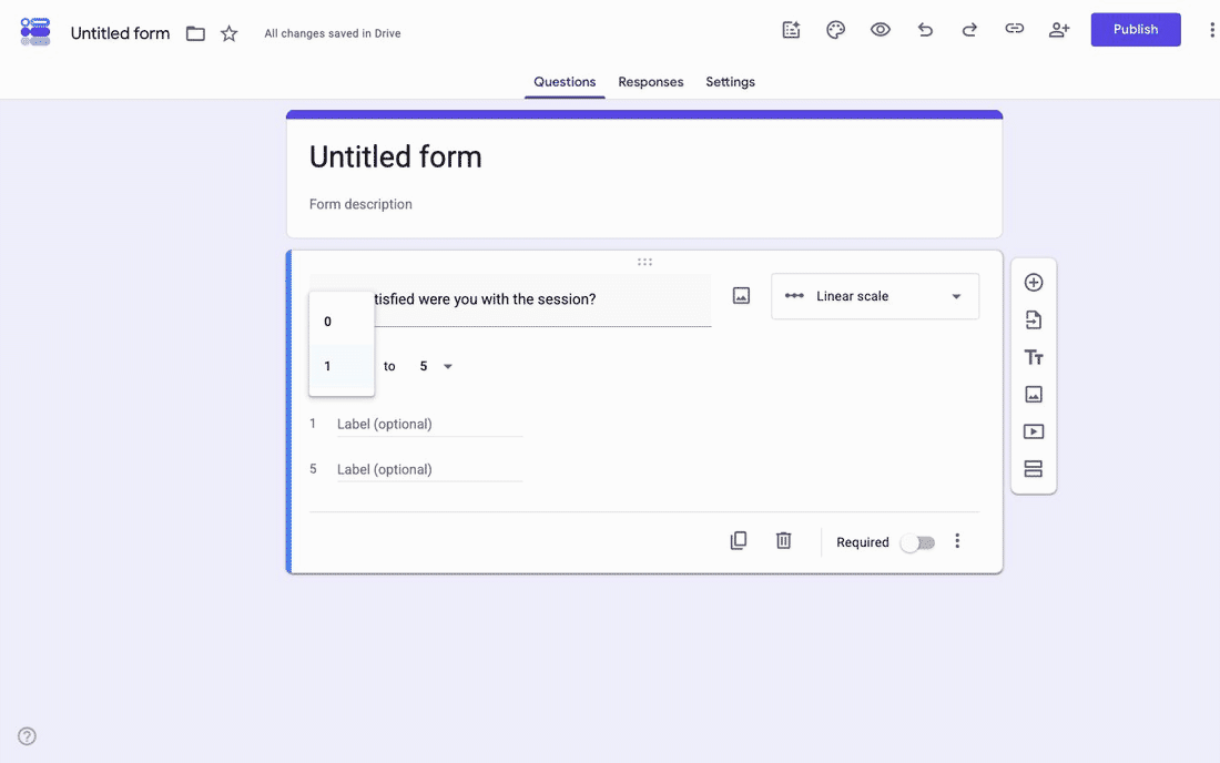 Setting a Google Forms linear scale to run from 1 to 5 with the two range dropdowns