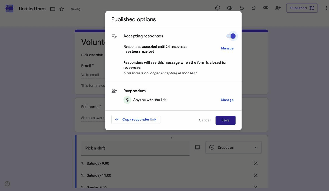 Google Forms Published options showing responses accepted until 24 responses have been received